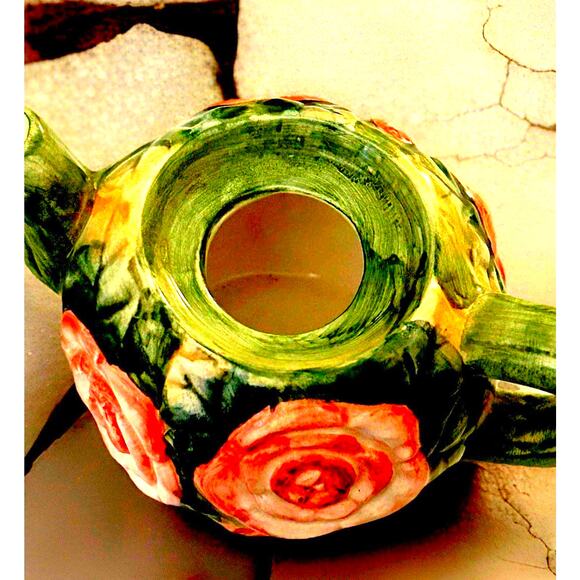 Child’s Miniature Ceramic Green Teapot with Pink Roses and Lid - Picture 3 of 6